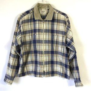 vintage womens jacket shacket 18 20 XL tan blue plaid full zip cotton cropped